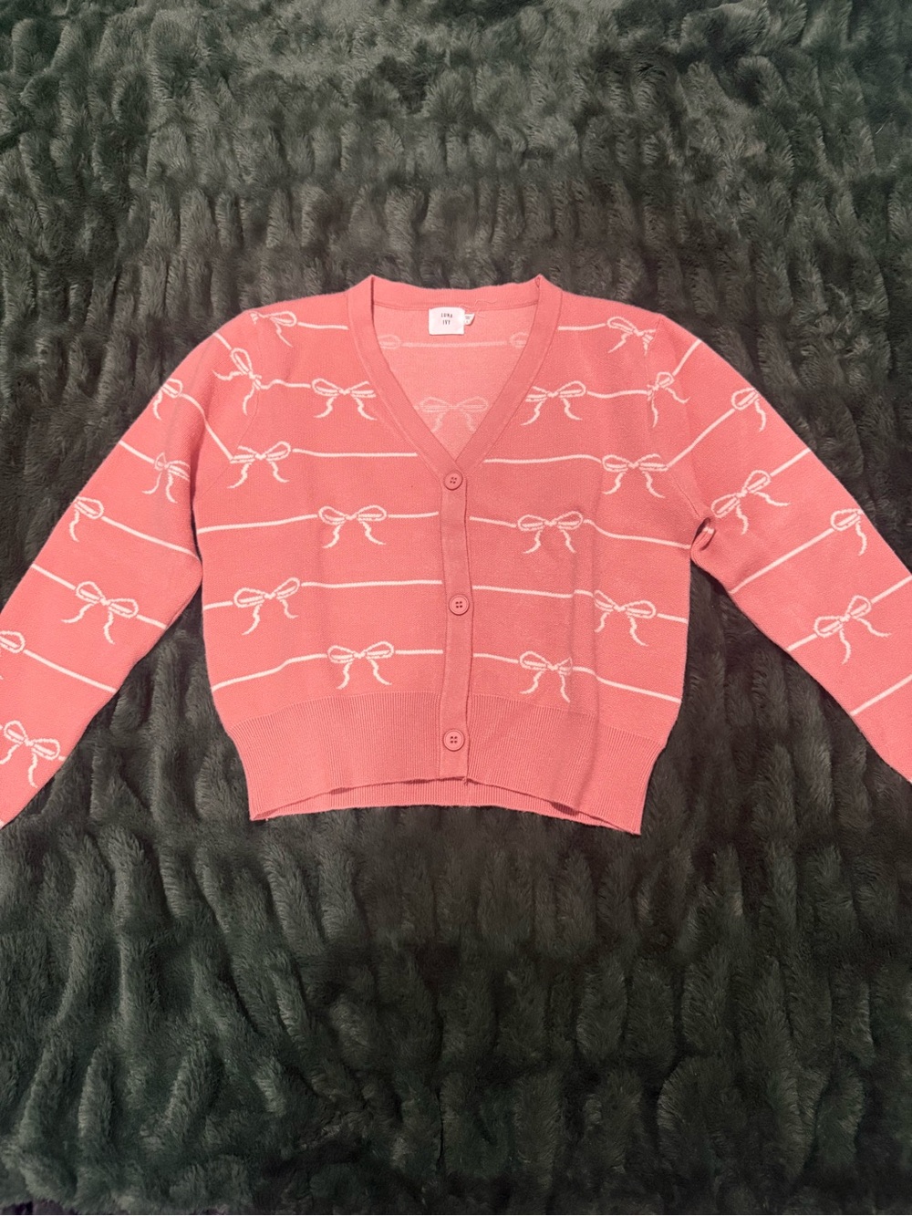 Cropped Coral Bow-Print V-Neck Button Cardigan